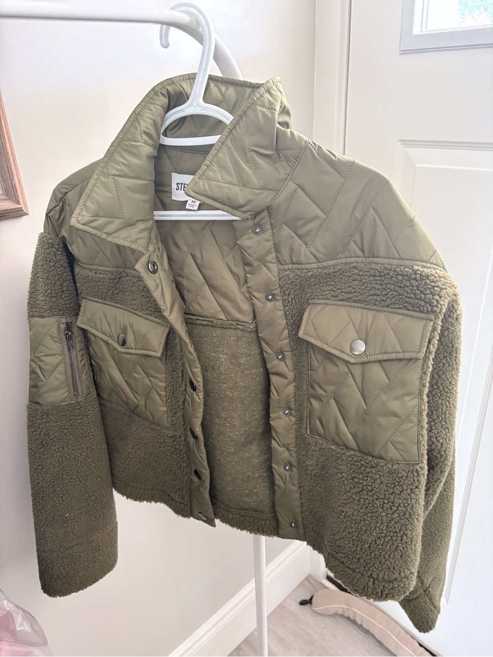 Steve Madden Olive Quilted Snap-Front Jacket